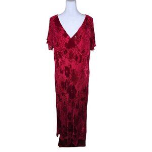 Vintage 90s Flutter Sleeve Velvet Floral Slip Maxi Dress Womens Size XL Red